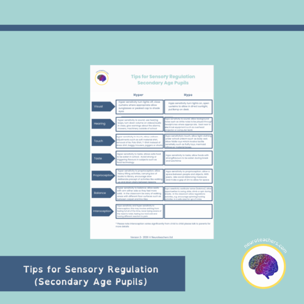 Tips for Sensory Regulation Secondary Age Pupils